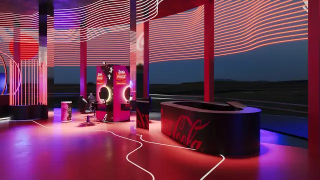O espaço Coke Studio: Bar oval Coca-Cola e salão Coca-Cola Creations, à noite