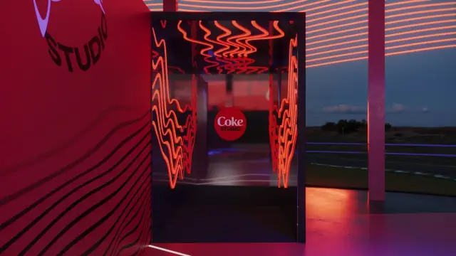 Cabine espelhada no teto, no piso e nas laterais, com ondas em neon